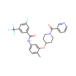 Cc1ccc(NC(=O)c2cc(F)cc(C(F)(F)F)c2)cc1OC1CCN(C(=O)c2cccnc2)CC1 ZINC000653829546