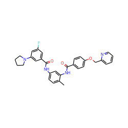 Cc1ccc(NC(=O)c2cc(F)cc(N3CCCC3)c2)cc1NC(=O)c1ccc(OCc2ccccn2)cc1 ZINC000028386392