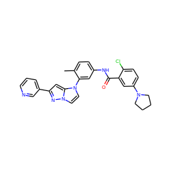 Cc1ccc(NC(=O)c2cc(N3CCCC3)ccc2Cl)cc1-n1ccn2nc(-c3cccnc3)cc12 ZINC000224238324