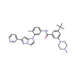 Cc1ccc(NC(=O)c2cc(N3CCN(C)CC3)cc(C(C)(C)C)c2)cc1-n1ccn2nc(-c3cccnc3)cc12 ZINC000224237192