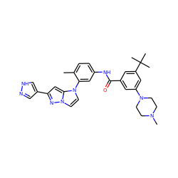 Cc1ccc(NC(=O)c2cc(N3CCN(C)CC3)cc(C(C)(C)C)c2)cc1-n1ccn2nc(-c3cn[nH]c3)cc12 ZINC001772597087