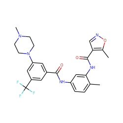 Cc1ccc(NC(=O)c2cc(N3CCN(C)CC3)cc(C(F)(F)F)c2)cc1NC(=O)c1cnoc1C ZINC000473249652