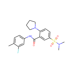 Cc1ccc(NC(=O)c2cc(S(=O)(=O)N(C)C)ccc2N2CCCC2)cc1F ZINC000015084493