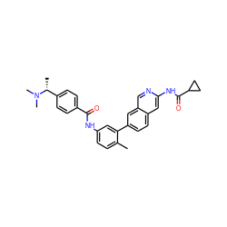 Cc1ccc(NC(=O)c2ccc([C@@H](C)N(C)C)cc2)cc1-c1ccc2cc(NC(=O)C3CC3)ncc2c1 ZINC000144312864