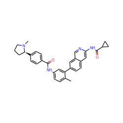 Cc1ccc(NC(=O)c2ccc([C@H]3CCCN3C)cc2)cc1-c1ccc2cc(NC(=O)C3CC3)ncc2c1 ZINC000144288326