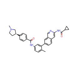 Cc1ccc(NC(=O)c2ccc([C@H]3CCN(C)C3)cc2)cc1-c1ccc2cc(NC(=O)C3CC3)ncc2c1 ZINC000144354491