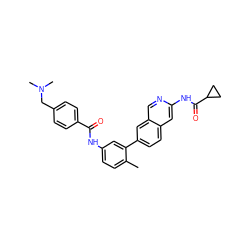 Cc1ccc(NC(=O)c2ccc(CN(C)C)cc2)cc1-c1ccc2cc(NC(=O)C3CC3)ncc2c1 ZINC000144375936