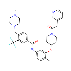 Cc1ccc(NC(=O)c2ccc(CN3CCN(C)CC3)c(C(F)(F)F)c2)cc1OC1CCN(C(=O)Cc2cccnc2)CC1 ZINC001772633729