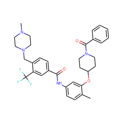 Cc1ccc(NC(=O)c2ccc(CN3CCN(C)CC3)c(C(F)(F)F)c2)cc1OC1CCN(C(=O)c2ccccc2)CC1 ZINC001772574533