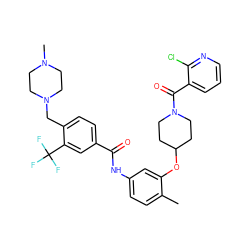 Cc1ccc(NC(=O)c2ccc(CN3CCN(C)CC3)c(C(F)(F)F)c2)cc1OC1CCN(C(=O)c2cccnc2Cl)CC1 ZINC001772636505