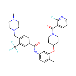 Cc1ccc(NC(=O)c2ccc(CN3CCN(C)CC3)c(C(F)(F)F)c2)cc1OC1CCN(C(=O)c2cccnc2F)CC1 ZINC001772634377