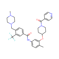 Cc1ccc(NC(=O)c2ccc(CN3CCN(C)CC3)c(C(F)(F)F)c2)cc1OC1CCN(C(=O)c2ccncc2)CC1 ZINC001772574393