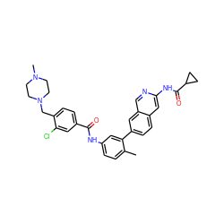 Cc1ccc(NC(=O)c2ccc(CN3CCN(C)CC3)c(Cl)c2)cc1-c1ccc2cc(NC(=O)C3CC3)ncc2c1 ZINC000144394733