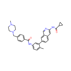 Cc1ccc(NC(=O)c2ccc(CN3CCN(C)CC3)cc2)cc1-c1ccc2cc(NC(=O)C3CC3)ncc2c1 ZINC000144266257