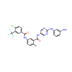 Cc1ccc(NC(=O)c2ccc(Cl)c(C(F)(F)F)c2)cc1C(=O)Nc1cnc(Nc2cccc(N)c2)nc1 ZINC000169353158