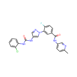 Cc1ccc(NC(=O)c2ccc(F)c(-n3cc(NC(=O)Nc4ccccc4Cl)cn3)c2)cn1 ZINC000299832578