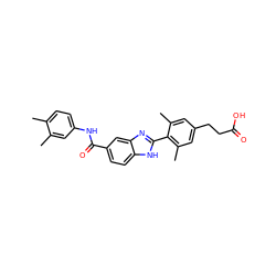 Cc1ccc(NC(=O)c2ccc3[nH]c(-c4c(C)cc(CCC(=O)O)cc4C)nc3c2)cc1C ZINC000084723074