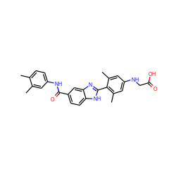 Cc1ccc(NC(=O)c2ccc3[nH]c(-c4c(C)cc(NCC(=O)O)cc4C)nc3c2)cc1C ZINC000084723071