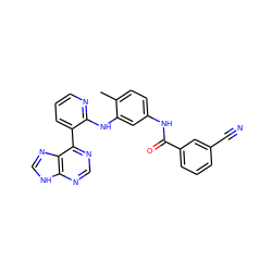 Cc1ccc(NC(=O)c2cccc(C#N)c2)cc1Nc1ncccc1-c1ncnc2[nH]cnc12 ZINC000299820096