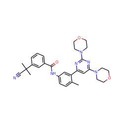 Cc1ccc(NC(=O)c2cccc(C(C)(C)C#N)c2)cc1-c1cc(N2CCOCC2)nc(N2CCOCC2)n1 ZINC000220462874