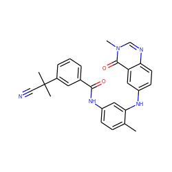 Cc1ccc(NC(=O)c2cccc(C(C)(C)C#N)c2)cc1Nc1ccc2ncn(C)c(=O)c2c1 ZINC000038226503