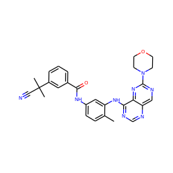 Cc1ccc(NC(=O)c2cccc(C(C)(C)C#N)c2)cc1Nc1ncnc2cnc(N3CCOCC3)nc12 ZINC000166153144