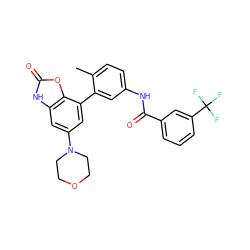 Cc1ccc(NC(=O)c2cccc(C(F)(F)F)c2)cc1-c1cc(N2CCOCC2)cc2[nH]c(=O)oc12 ZINC000220741019