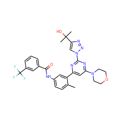 Cc1ccc(NC(=O)c2cccc(C(F)(F)F)c2)cc1-c1cc(N2CCOCC2)nc(-n2cc(C(C)(C)O)nn2)n1 ZINC000220519888