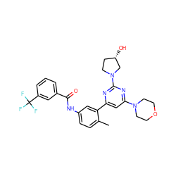 Cc1ccc(NC(=O)c2cccc(C(F)(F)F)c2)cc1-c1cc(N2CCOCC2)nc(N2CC[C@H](O)C2)n1 ZINC000220500569