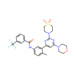 Cc1ccc(NC(=O)c2cccc(C(F)(F)F)c2)cc1-c1cc(N2CCOCC2)nc(N2CCS(=O)(=O)CC2)n1 ZINC000220735796