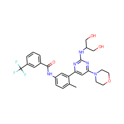 Cc1ccc(NC(=O)c2cccc(C(F)(F)F)c2)cc1-c1cc(N2CCOCC2)nc(NC(CO)CO)n1 ZINC000225978771