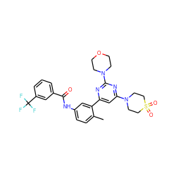 Cc1ccc(NC(=O)c2cccc(C(F)(F)F)c2)cc1-c1cc(N2CCS(=O)(=O)CC2)nc(N2CCOCC2)n1 ZINC000220735741