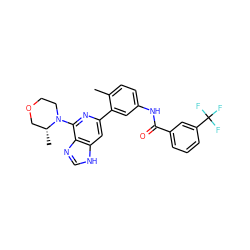 Cc1ccc(NC(=O)c2cccc(C(F)(F)F)c2)cc1-c1cc2[nH]cnc2c(N2CCOC[C@H]2C)n1 ZINC000220740902