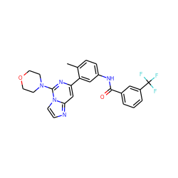 Cc1ccc(NC(=O)c2cccc(C(F)(F)F)c2)cc1-c1cc2nccn2c(N2CCOCC2)n1 ZINC000220740368