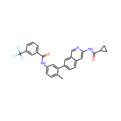 Cc1ccc(NC(=O)c2cccc(C(F)(F)F)c2)cc1-c1ccc2cc(NC(=O)C3CC3)ncc2c1 ZINC000144331989