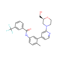 Cc1ccc(NC(=O)c2cccc(C(F)(F)F)c2)cc1-c1ccnc(N2CCO[C@H](CO)C2)c1 ZINC000220643095