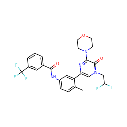 Cc1ccc(NC(=O)c2cccc(C(F)(F)F)c2)cc1-c1cn(CC(F)F)c(=O)c(N2CCOCC2)n1 ZINC000225959889