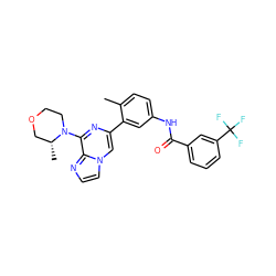 Cc1ccc(NC(=O)c2cccc(C(F)(F)F)c2)cc1-c1cn2ccnc2c(N2CCOC[C@H]2C)n1 ZINC000220740627