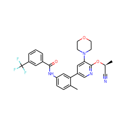 Cc1ccc(NC(=O)c2cccc(C(F)(F)F)c2)cc1-c1cnc(O[C@@H](C)C#N)c(N2CCOCC2)c1 ZINC000225958071