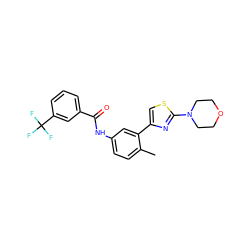 Cc1ccc(NC(=O)c2cccc(C(F)(F)F)c2)cc1-c1csc(N2CCOCC2)n1 ZINC000225995328