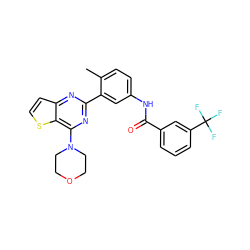 Cc1ccc(NC(=O)c2cccc(C(F)(F)F)c2)cc1-c1nc(N2CCOCC2)c2sccc2n1 ZINC000220740537