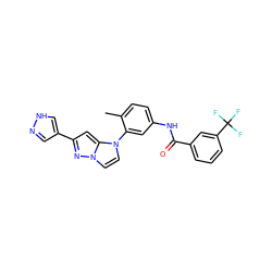 Cc1ccc(NC(=O)c2cccc(C(F)(F)F)c2)cc1-n1ccn2nc(-c3cn[nH]c3)cc12 ZINC001772596286