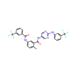 Cc1ccc(NC(=O)c2cccc(C(F)(F)F)c2)cc1C(=O)Nc1cnc(Nc2cccc(C(F)(F)F)c2)nc1 ZINC000169352884