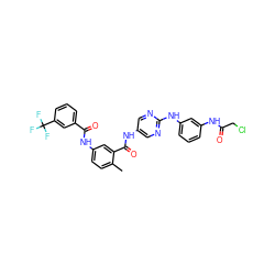 Cc1ccc(NC(=O)c2cccc(C(F)(F)F)c2)cc1C(=O)Nc1cnc(Nc2cccc(NC(=O)CCl)c2)nc1 ZINC000169350449