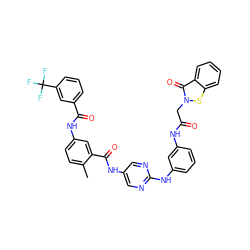 Cc1ccc(NC(=O)c2cccc(C(F)(F)F)c2)cc1C(=O)Nc1cnc(Nc2cccc(NC(=O)Cn3sc4ccccc4c3=O)c2)nc1 ZINC000169353171