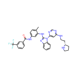 Cc1ccc(NC(=O)c2cccc(C(F)(F)F)c2)cc1Nc1nc2ccccc2n1-c1cc(NCC[C@@H]2CCCN2)ncn1 ZINC000049775261