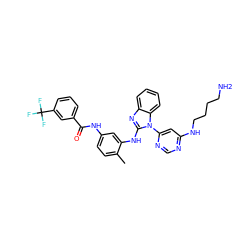 Cc1ccc(NC(=O)c2cccc(C(F)(F)F)c2)cc1Nc1nc2ccccc2n1-c1cc(NCCCCN)ncn1 ZINC000049775429