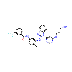 Cc1ccc(NC(=O)c2cccc(C(F)(F)F)c2)cc1Nc1nc2ccccc2n1-c1cc(NCCCN)ncn1 ZINC000049925434