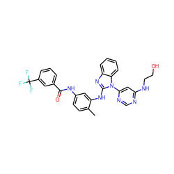 Cc1ccc(NC(=O)c2cccc(C(F)(F)F)c2)cc1Nc1nc2ccccc2n1-c1cc(NCCO)ncn1 ZINC000049793979