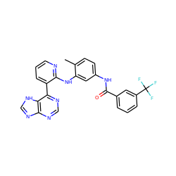 Cc1ccc(NC(=O)c2cccc(C(F)(F)F)c2)cc1Nc1ncccc1-c1ncnc2nc[nH]c12 ZINC000215335750